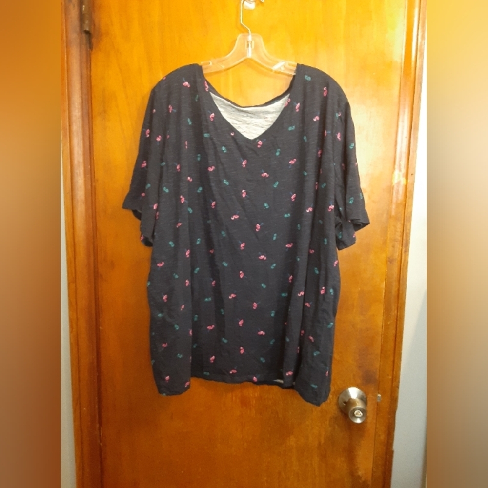 Catherines Women's Flamingo Oversize Print Top Short Sleeve Blue Size 3X Boho